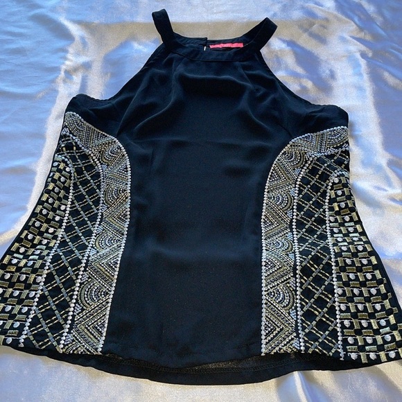 Lulumari Black Silky Halter Top Metallic Thread Embroidered Accent Panels Sz S - Picture 9 of 16